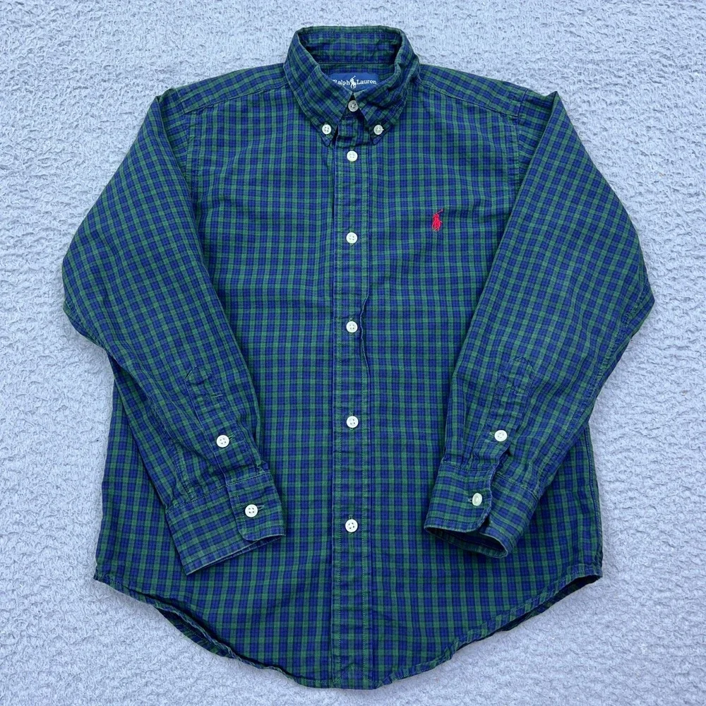 Ralph Lauren Boy's Shirt Green Check‎ Button Up Collared Long Sleeve Youth S 7